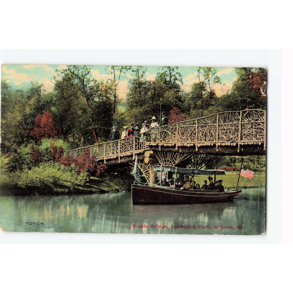 Vintage 1912 Postcard Rustic Bridge Lakemont Park Altoona PA Boat Scene 62404